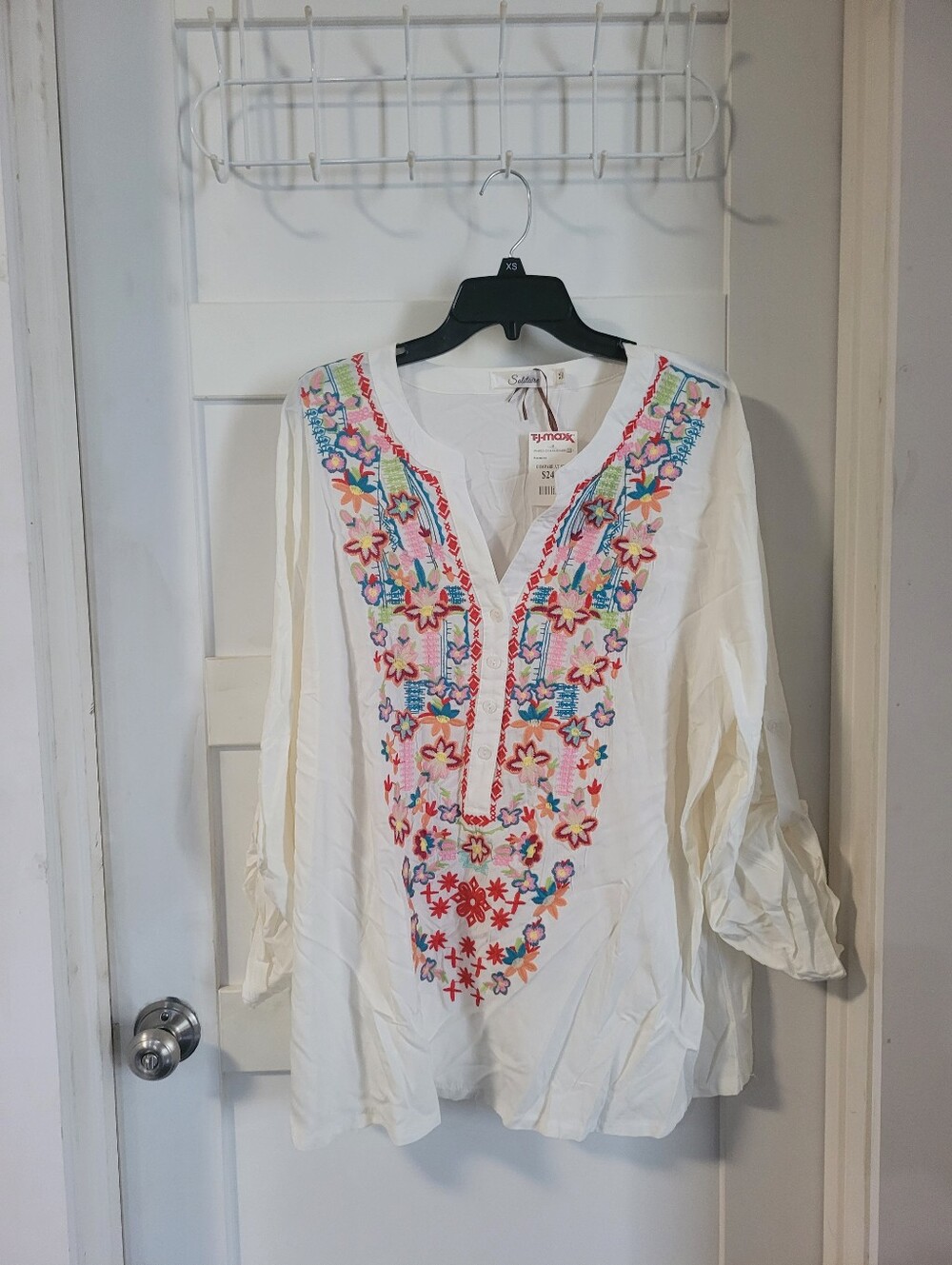 Embroidered V-Neck Tunic Top - White with Multicolor Floral Embroidery